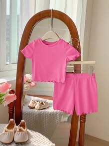 SHEIN LMoss Kids LMoss 6件套女婴纯色针织短袖上衣和松紧腰短裤休闲装 - 綠色 - 查看 4