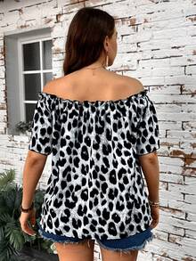 SHEIN LUNE Áo cánh hở vai tay ngắn họa tiết da báo cỡ lớn cho nữ mùa thu - Xám - Xem 2
