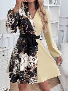 SHEIN Clasi Women's Spring/Summer Elegant Fashion Leopard Print Lantern Sleeve Short Dress