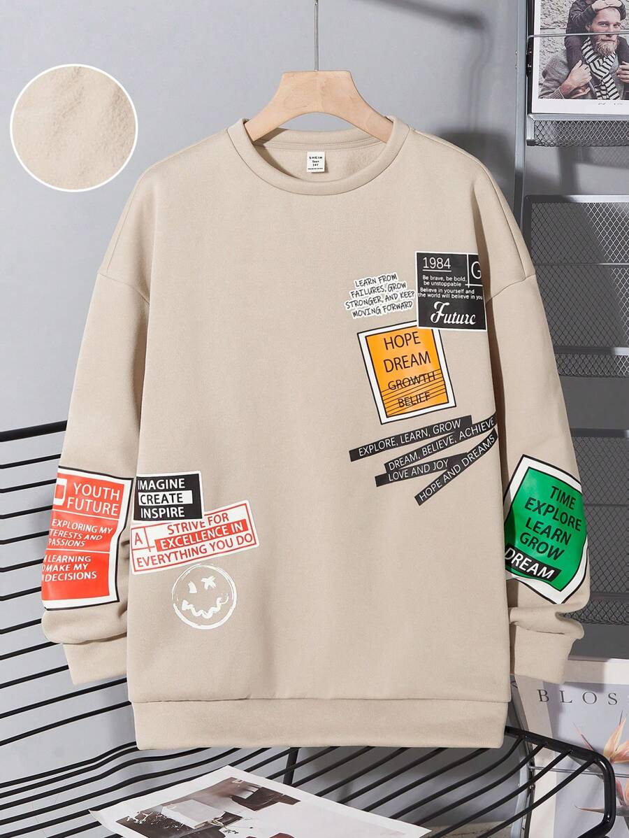 SHEIN 青少年男孩休闲英文徽标印花保暖内衬圆领运动衫，米色，适合秋季、冬季、保暖、学校、居家、日常、运动、生日派对、外出、百搭且简约