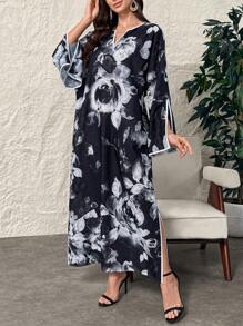 Al Najma Váy thường ngày in họa tiết xẻ tà cổ chữ V dài tay viền tương phản - màu đen - Xem 6