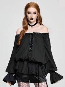 ROMWE Goth 女士露肩系带袖口长袖时尚衬衫 - 黑色 - 查看 5