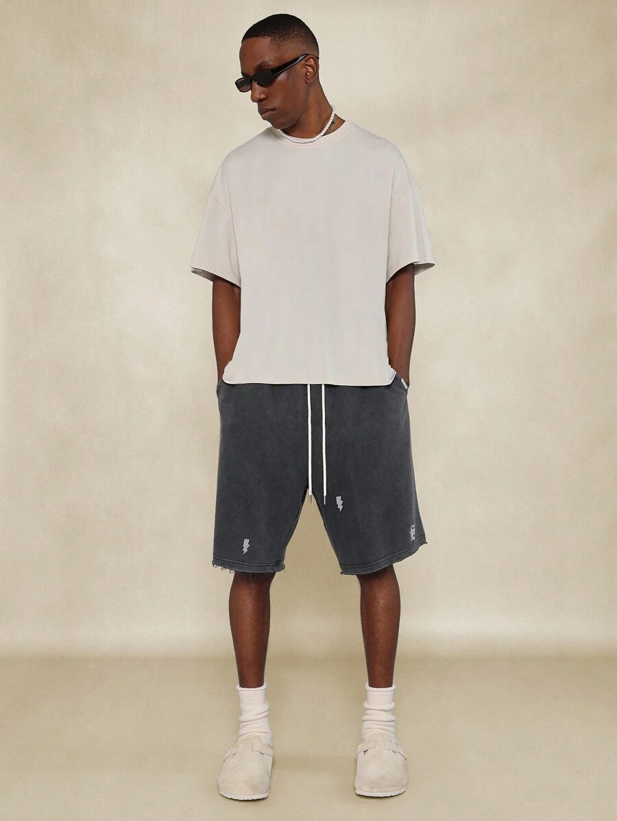 SUMWON Washed Raw Edge Knit Jort With Lighting Embroidery - Black - View 1