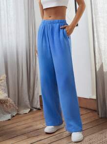 EURMUSE Women Low Waist Wide Leg Muslin Pants - Baby Blue - View 3