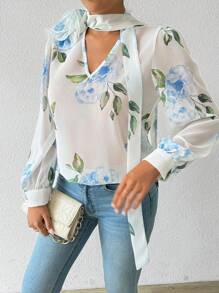 SHEIN Clasi Women's Elegant 3D Floral Decor Choker Collar Long Sleeve Blouse Fall Cloth For Women - White - View 4