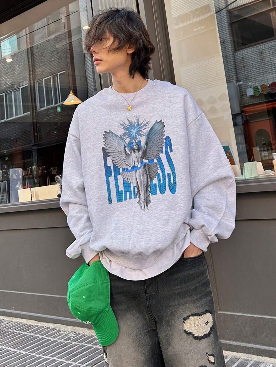 DAZY 男士天使字母印花宽松圆领长袖休闲套头运动衫，秋季 - 淺灰色 - 查看 1