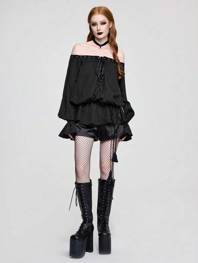 Goth Damen Bluse mit offenem Schulterausschnitt und Bindebündchen, Langarm, modisch