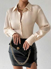 SHEIN Clasi Women's Shiny Satin Long Sleeve Blouse, Autumn