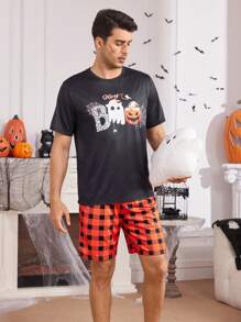 Conjunto de pijama de manga corta con estampado de Halloween: pantalones de pijama a cuadros y camiseta para hombres - Negro - Ver 6