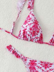 SHEIN Swim 夏季海滩全身印花荷叶边吊带比基尼套装，全身印花图案随机，泳衣 - 彩色 - 查看 6