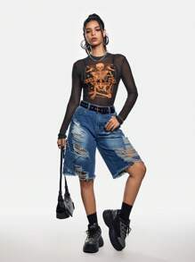 Eljasssss Blusa casual de mujer artista con cuello redondo, estampado de calavera en malla, en negro, estilo Y2K, urbano, oscuro, para Halloween, salidas, festivales, estilo occidental