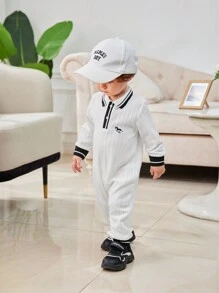 SHEIN Infant Baby Boy Contrast Color Rib Knit Stand Collar Jumpsuit, Autumn Winter - White - View 1