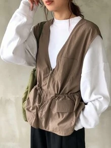 FRIFUL Women Regular Waist Cinched Vest Jacket