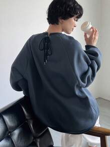 Women's Loose Fit Solid Color Fleece Pullover With Drawstring Back,Fall Women Clothes Sweatshirt,Winter - Blue - View 3