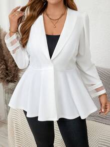 SHEIN Clasi Plus Size Shawl Collar Button Front Mesh Panel Long Sleeve Simple Blazer For Casual Daily Wear - White - View 3