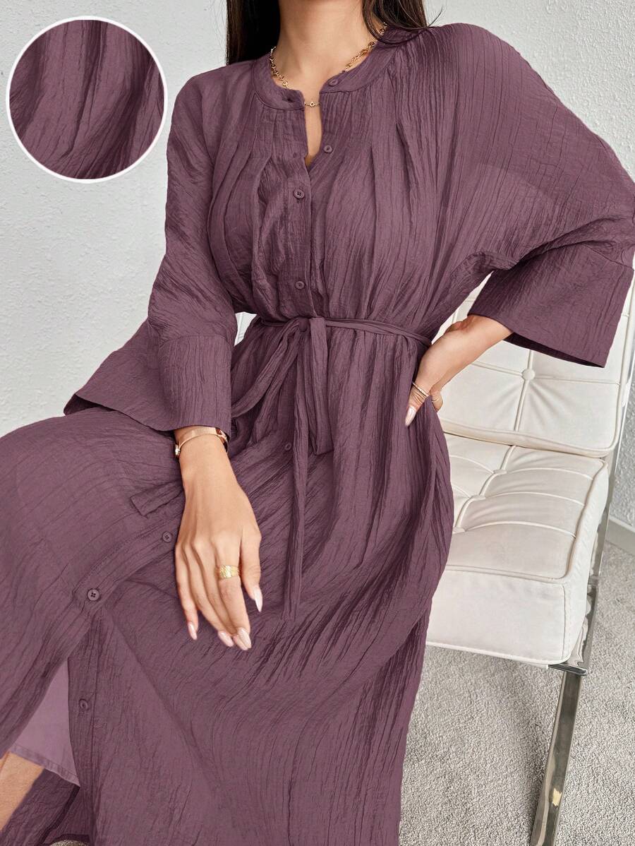 Mulvari Đầm thường ngày tay cánh dơi cài nút màu trơn mùa xuân hè cho nữ - Bụi tím - Xem 1