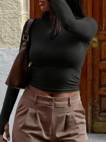 INAWLY Áo thun bó cổ tròn tay dài màu trơn dành cho nữ, Xuân/Hè - màu đen - Xem 5