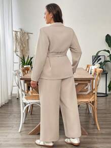 SHEIN Essnce 大码女装时尚居家休闲秋季女装通勤优雅商务办公装商务女装秋季两件套职业上衣机场女装女式西装外套女式服装套装女式秋季套装宽松女裤西装套装 - 杏色 - 查看 6