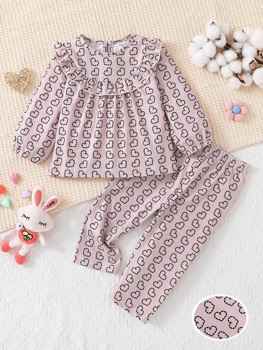 2pcs Baby Girls Simple Heart Print Casual Loose Fit Sweatshirt And Pants Sleepwear Set, Purple - Multicolor - View 1