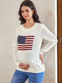 SHEIN Maternity Women 4th Of July American Flag Pattern Round Neck Casual Long Sleeve Sweater, For Winter - White - View 5