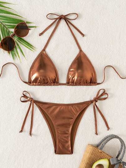 Swim Basics 女士纯色金属点缀吊带性感比基尼套装、夏季海滩泳衣