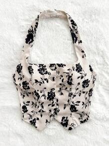 Soleia 女士复古印花露背无袖不对称下摆短款吊带背心，度假装，秋季女装，可内可外穿，感恩节，早午餐，返校节上衣，生日装 - 杏色 - 查看 2