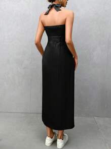 SHEIN Essnce Women's Summer Striped Button Half Placket Long Casual Halter Dress - Black - View 2