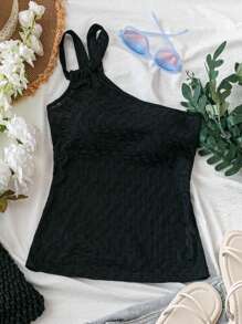 SHEIN VCAY Women's Solid Asymmetrical Shoulder Simple Casual Black Top - Black - View 1