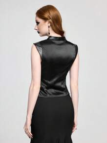 ROMWE Goth Top sin mangas de unicolor con escote espalda descubierta, de satén, ojetes y estilo gótico retro sexy, para mujer