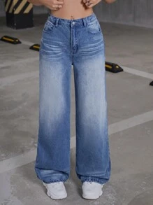 SHEIN 少女Y2K时尚水洗复古阔腿牛仔裤高腰拖鞋裤宽松直筒裤，女孩返校秋季装 - 中等水洗藍 - 查看 3