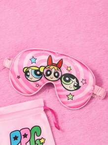 THE POWERPUFF GIRLS X SHEIN 可爱卡通心形图案舒适睡眠眼罩和抽绳收纳袋适用于卧室、旅行、办公室、学校 - 粉色 - 查看 3