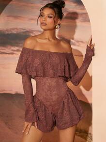 SHEIN Unity Mono de encaje marrón elegante sin hombros con mangas largas y sobrecapa de volantes - Marrón - Ver 1