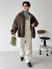 FRIFUL Women's Loose Dropped Shoulder Zip Up Casual Jacket For Spring/Autumn Women Coats - Brown - View 10