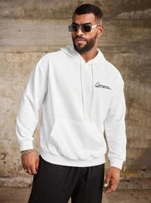 Manfinity Roughcore Plus Size Men's Letter Print Pouch Pocket Pullover Hoodie - White - View 7
