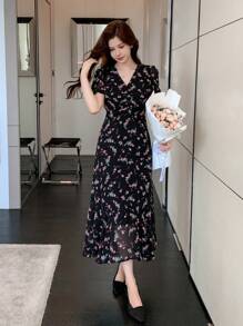 DAZY 女式碎花V领短袖优雅连衣裙太阳裙