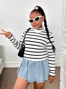 SHEIN Tween Girls Extended Size Basic Casual Ribbed Turtleneck Long Sleeve T-Shirt