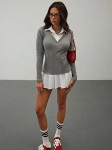 Aloruh 秋季女装 Geek Chic 年轻女孩时尚运动休闲辣妹学院风连衣裙 2 合 1 针织衬衫撞色拼接灰色长袖迷你连衣裙 - 灰色 - 查看 5