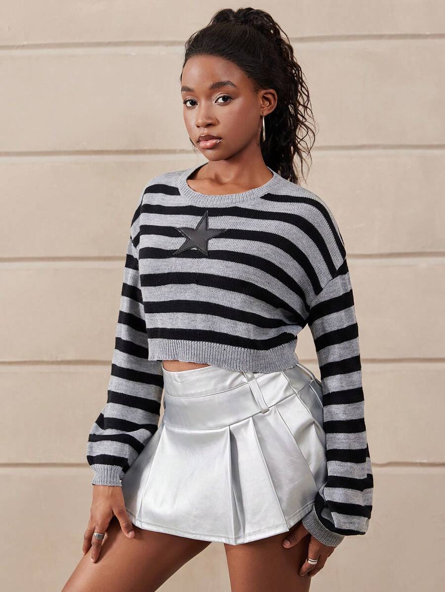 SHEIN Explorewe Teen Girl Star & Stripe Pattern Round Neck Dropped Shoulder Long Sleeve Cropped Casual Sweater, Spring & Autumn - Grey - View 1