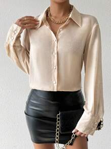 SHEIN Clasi Women's Shiny Satin Long Sleeve Blouse, Autumn