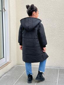 SHEIN Explorewe 1 chiếc áo khoác lông cừu dài ấm áp có mũ trùm đầu phong cách đường phố giản dị màu đen và xanh lá cây cho bé gái, mùa đông - màu đen - Xem 2