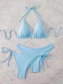 Swim Mod 3pcs Women Summer Beach Solid Color Halter Tie Sexy Bikini Swimwear Set - Baby Blue - View 5