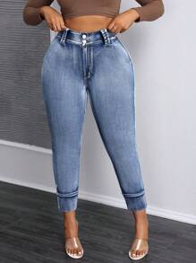 SHEIN SXY Plus Size Front Button Closure Denim Wide Leg Tapered Pants, Casual Daily Wear - Medium Wash - View 3
