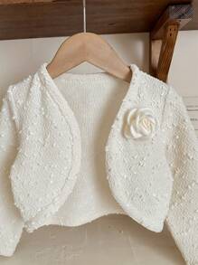 SHEIN X Scheana LMoss Kids LMoss 少女纯色3D花朵短款休闲针织开衫 - 白色 - 查看 4