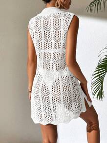SHEIN Swim 女士纯色翻领贝壳边透明无袖沙滩裙夏季 - 白色 - 查看 2