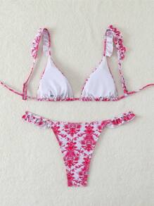 SHEIN Swim 夏季海滩全身印花荷叶边吊带比基尼套装，全身印花图案随机，泳衣 - 彩色 - 查看 2