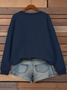 SHEIN LUNE 女士标语字母印花圆领长袖卫衣运动服，长袖上衣，适合毕业季、返校季、毕业典礼、教师节等场合，秋季返校套头衫，圣诞节 - 藏蓝色 - 查看 2