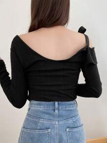 FRIFUL Women's Asymmetrical Neck Tie Shoulder Long Sleeve Elegant Casual Sweet T-Shirt, Ribbed Tee