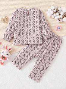 2pcs Baby Girls Simple Heart Print Casual Loose Fit Sweatshirt And Pants Sleepwear Set, Purple - Multicolor - View 2