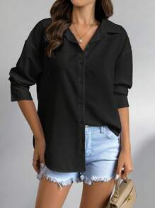 SHEIN LUNE 女式纯色纽扣长袖衬衫，后背有褶，休闲日常女式衬衫，女式长袖上衣秋季服装 - 黑色 - 查看 2