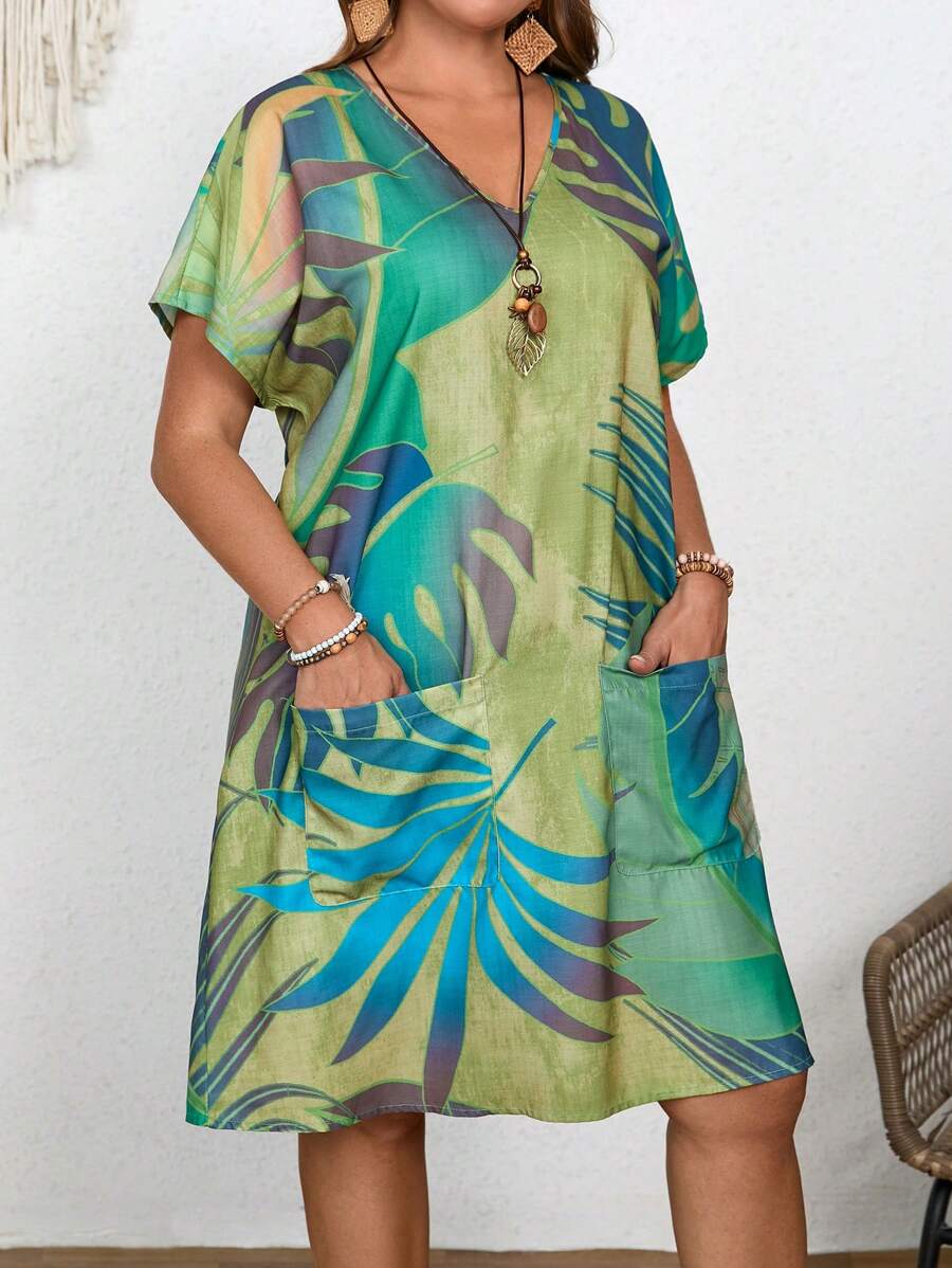 EMERY ROSE 大码女式双口袋时尚 V 领宽松夏季印花乡村连衣裙 - 橄欖綠 - 查看 1